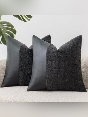 2 Black Bouclé and Faux Leather Throw Pillow Covers